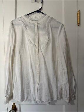 H&M White Ruffled Pintuck Button-Down Shirt